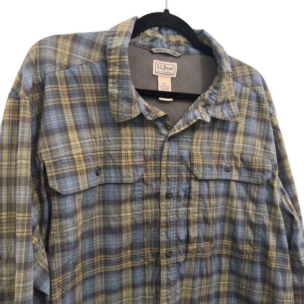 LL Bean Mens XL Reg Plaid Shirt Blue Yellow Vented Mesh Lined Outdoor Fishing